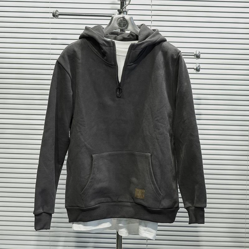 秋冬季新款半开领连帽男士卫衣复古潮流休闲加绒上衣青年百搭外套