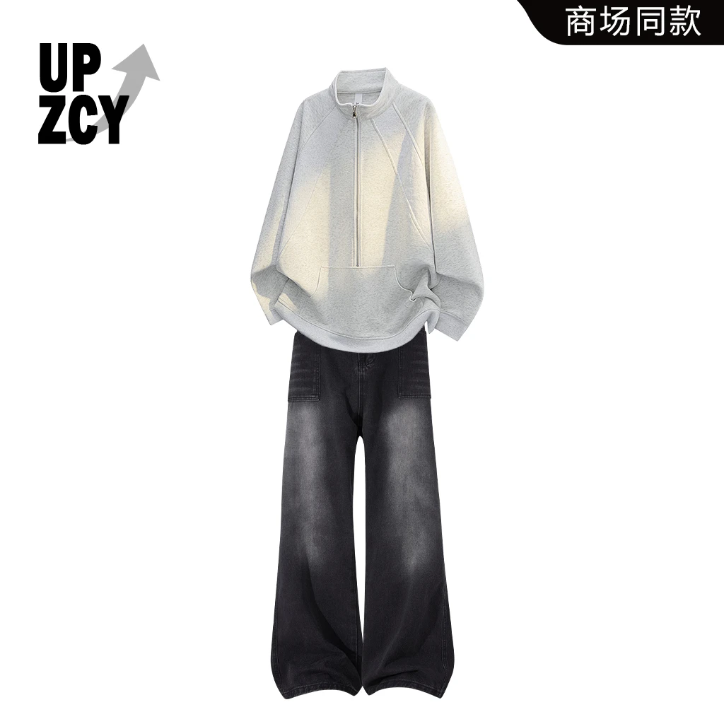 UPZCY美式休闲卫衣套装男士秋季宽松潮流痞帅拉链上衣水洗牛仔裤