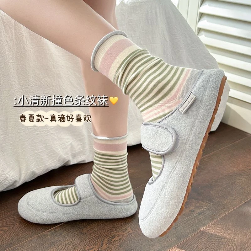 条纹袜子女中筒袜春秋款纯棉潮春夏季卷边无骨袜2025新款爆款长袜