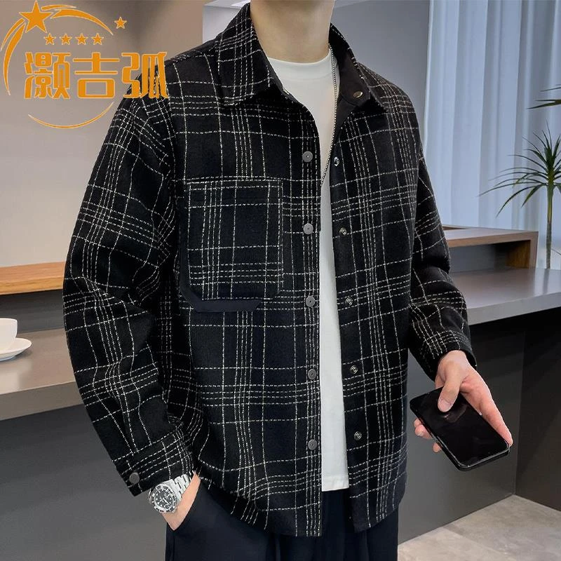 灏吉弧小香风毛呢外套男春秋季2025新款格子休闲衬衫男士春装夹克