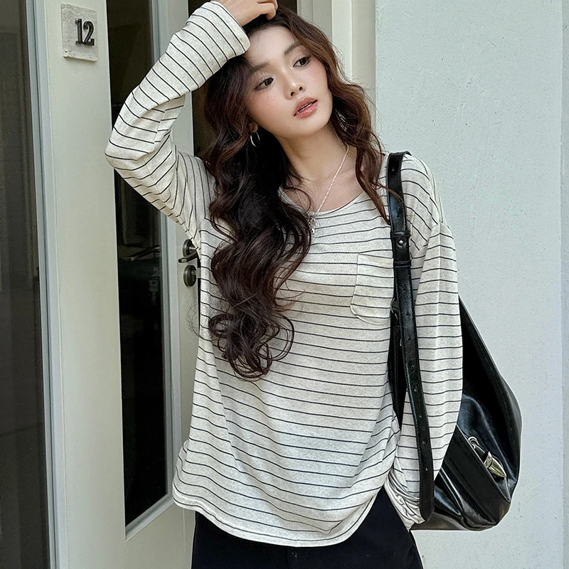 春夏天丝莱赛尔亚麻打底衫圆领长袖亲肤宽松口袋条纹t