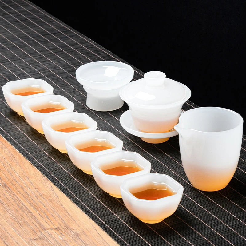 初雪冰种琉璃茶具套装家用简约防烫纯白盖碗茶杯带过滤整套泡茶器