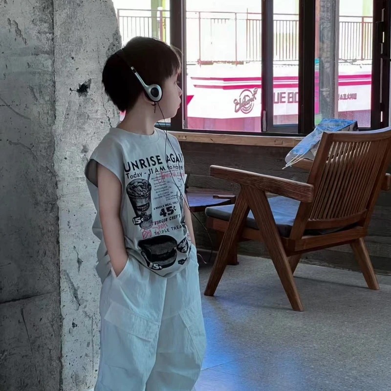 儿童夏季韩版潮牌图案无袖T恤2025新款男童夏装时尚宽松百搭背心