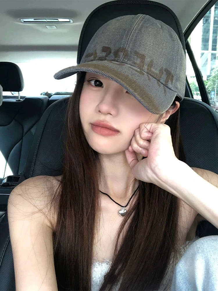 水洗做旧字母棒球帽女美式复古大头围鸭舌帽显脸小宽帽檐软顶帽子