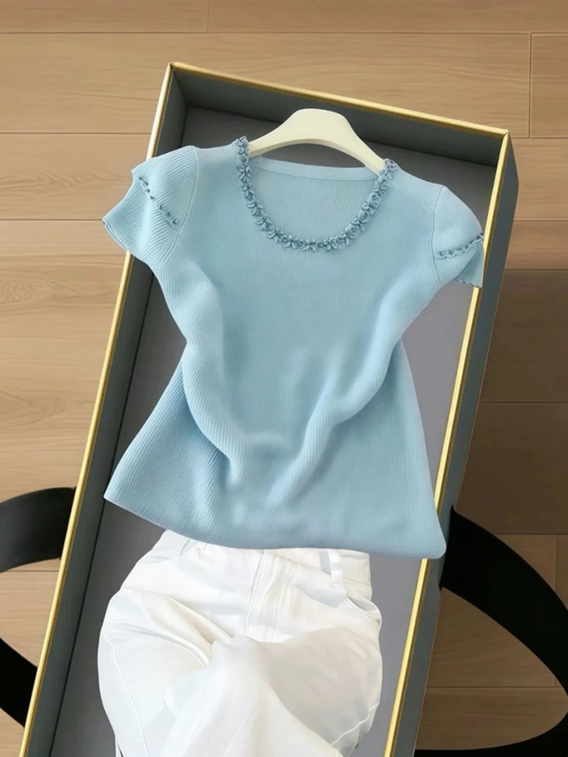 2025夏季高端气质超好看洋气时髦小个子减龄别致独特绝美蓝色T恤