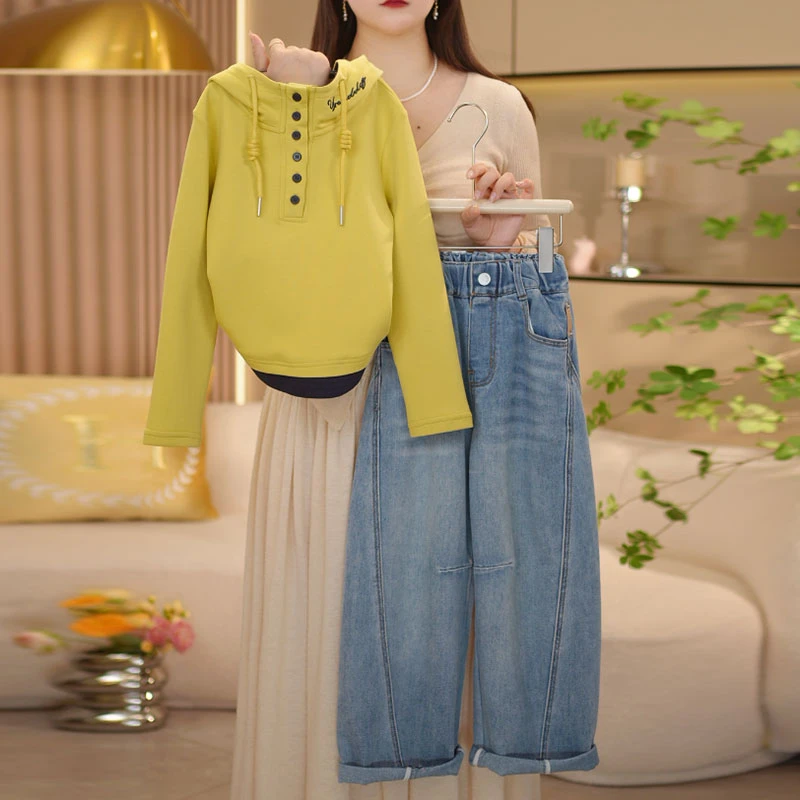 【闺蜜家】女童春季新款时尚韩系假两件长袖上衣+牛仔裤套装-7589