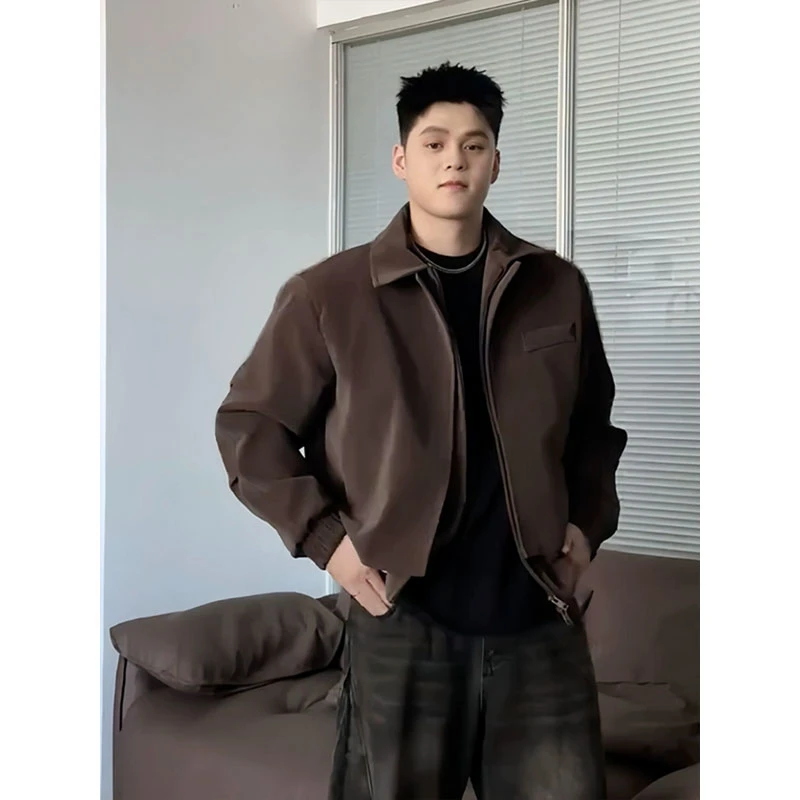 棕色短款正肩夹克男款秋季boxy短宽外套肤肌理格纹拼接设计棒球服