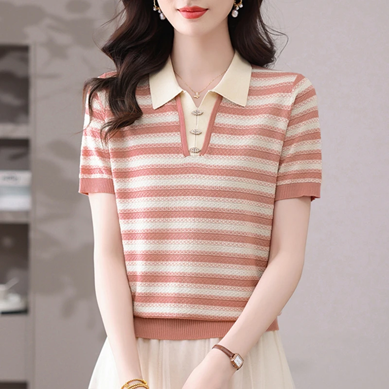 T恤显瘦针织时尚百搭夏季条纹翻领ol气质洋气打底女士半袖薄款