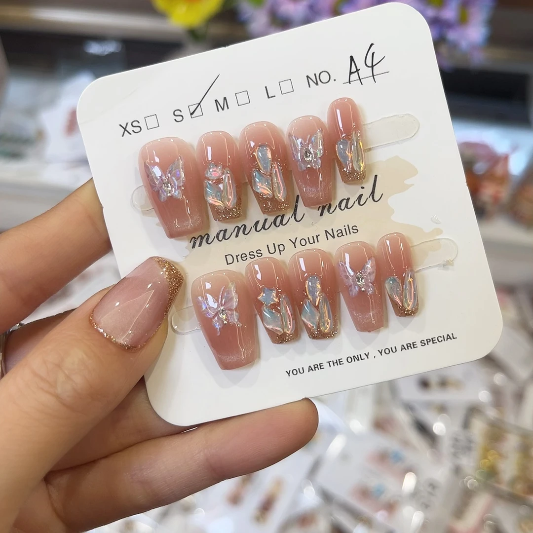 蝴蝶精灵腮红猫眼短款纯手工穿戴甲显白高级美甲
