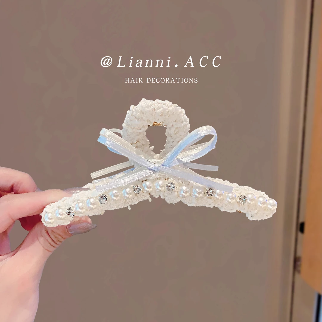 韩系夏季优雅水晶珍珠蝴蝶结抓夹少女防滑大抓夹百搭高级感鲨鱼夹