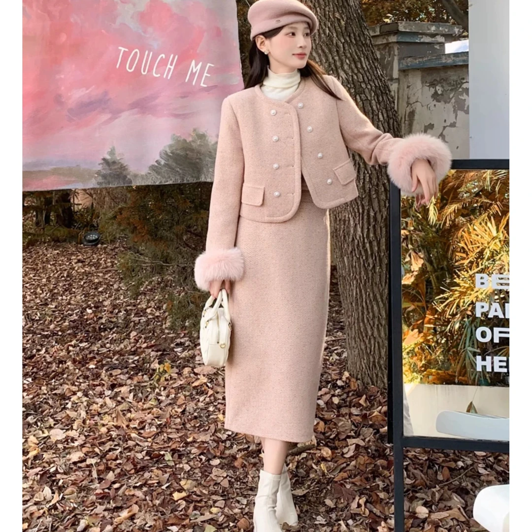 【朵拉】大码女装充绒冬季新款气质小香风套装小个子显瘦长袖两件