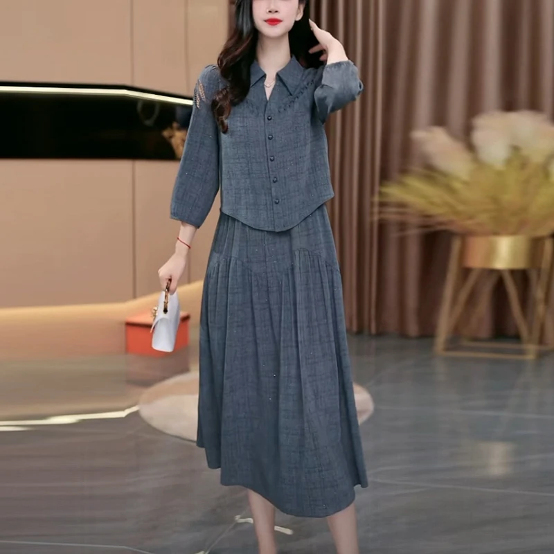 冰竹麻2025秋季新款七分袖显瘦时尚气质减龄小香风假两件连衣裙子