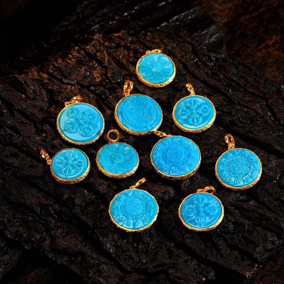 易禅居甄选-天然绿松石高瓷蓝双面护身牌镶嵌吊坠