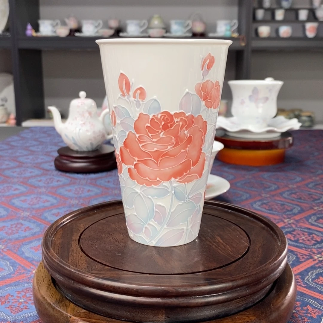 玫瑰花品茗杯手绘釉下高温