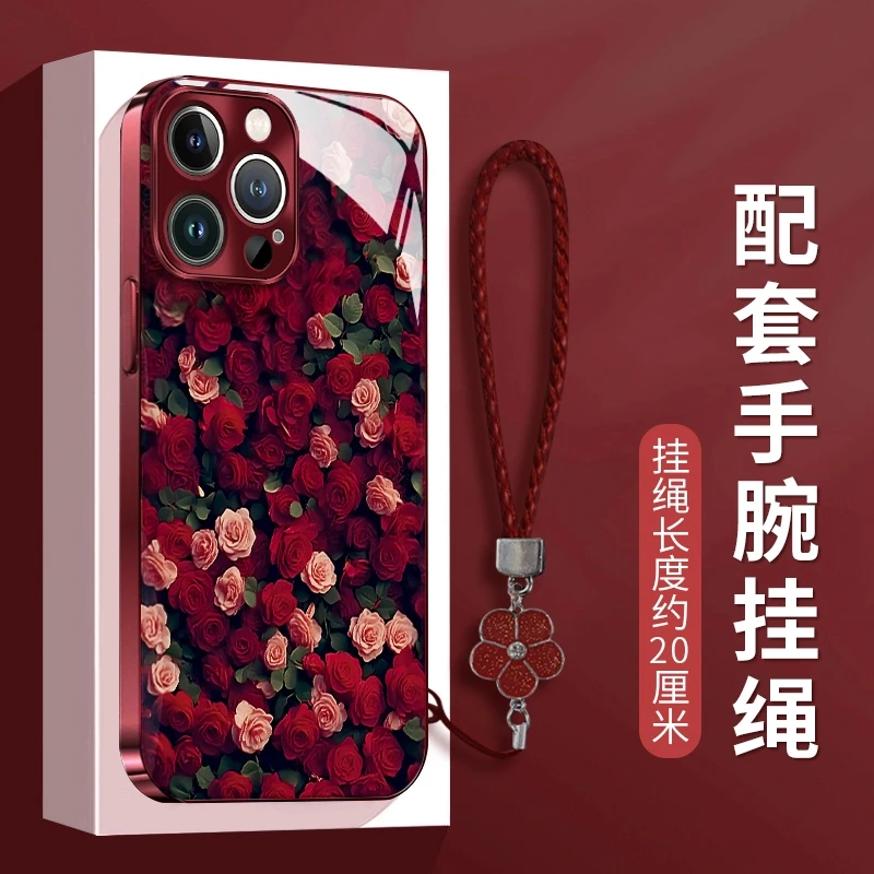 电镀玻璃壳红玫瑰适用于苹果华为vivo小米oppo新年防摔手机壳女款