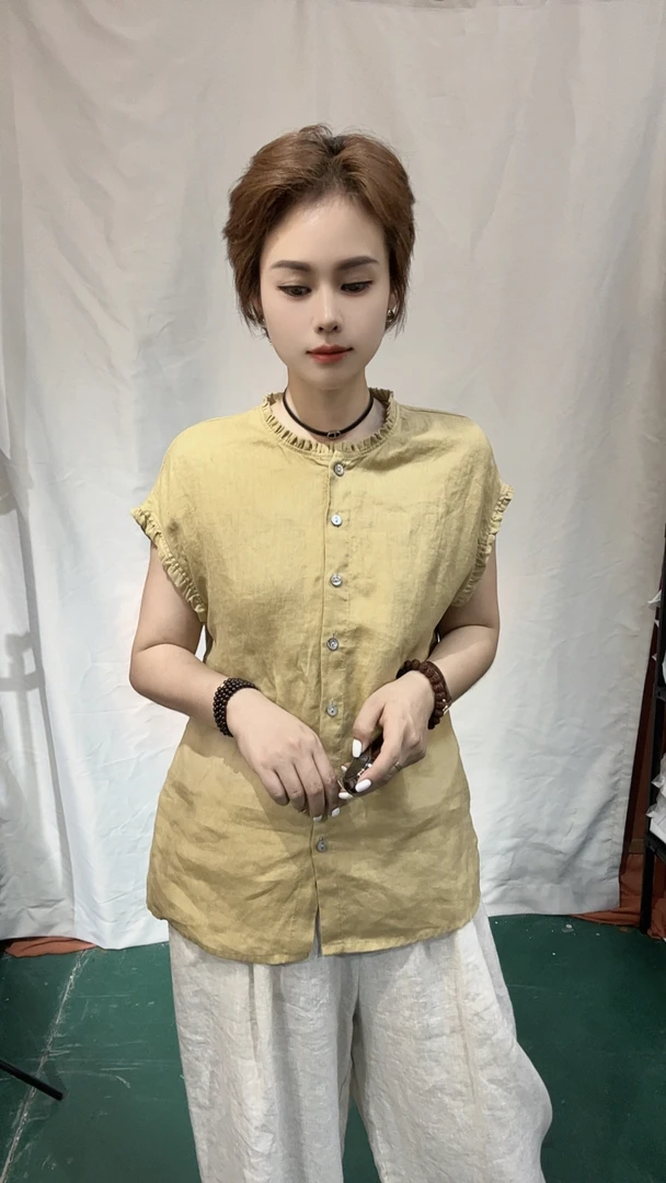 新款文艺纯色亚麻无袖木耳边时尚百搭上衣