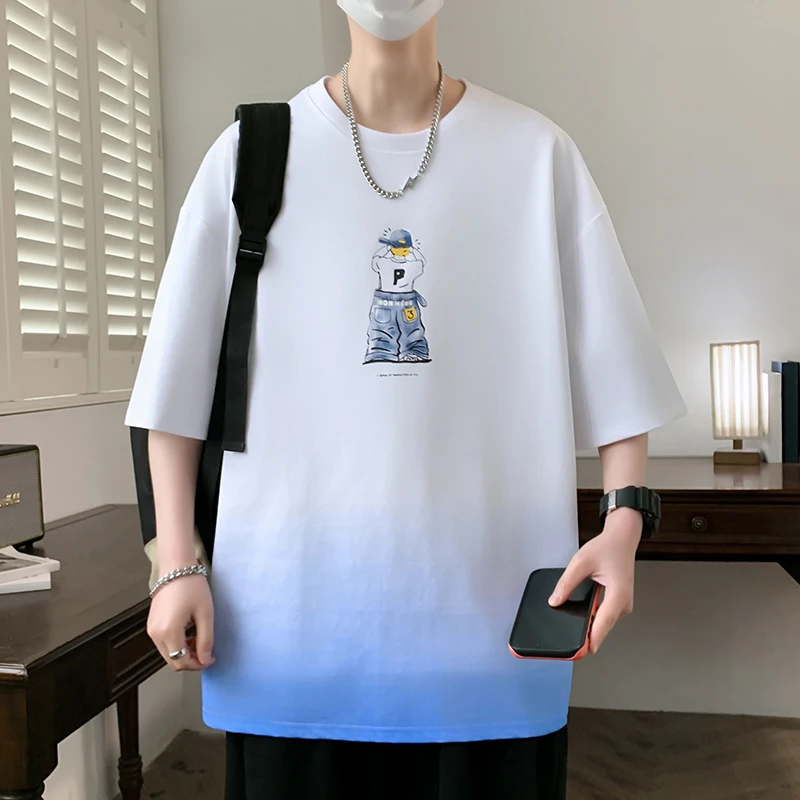 2025夏季新款青少年渐变色圆领短袖时尚宽松百搭款字母印花T恤