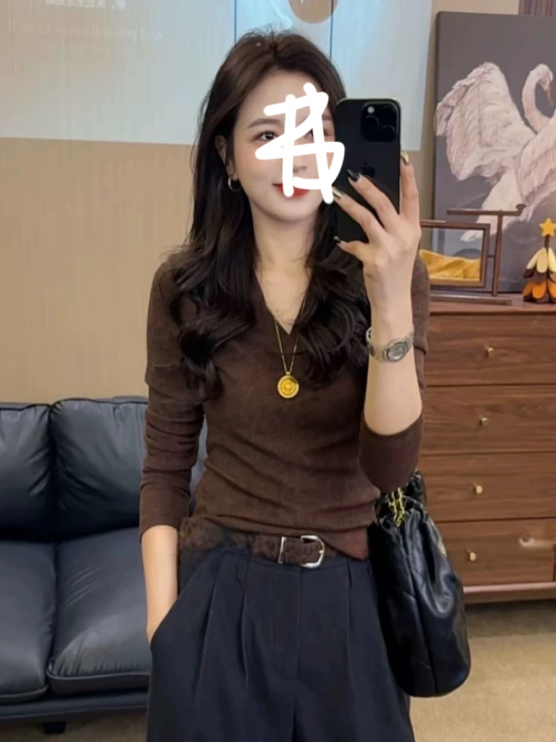 晕染韩版时尚V领加绒长袖女款2025新款洋气减龄宽松百搭休闲上衣