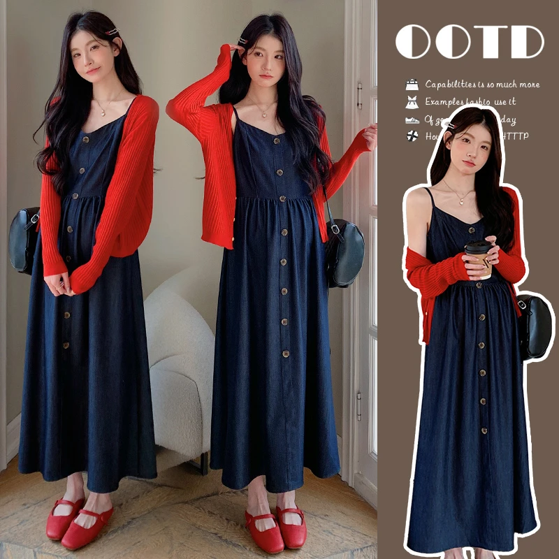 孕妇装夏季2025新款复古显瘦时尚吊带中长款孕妇单排扣连衣裙