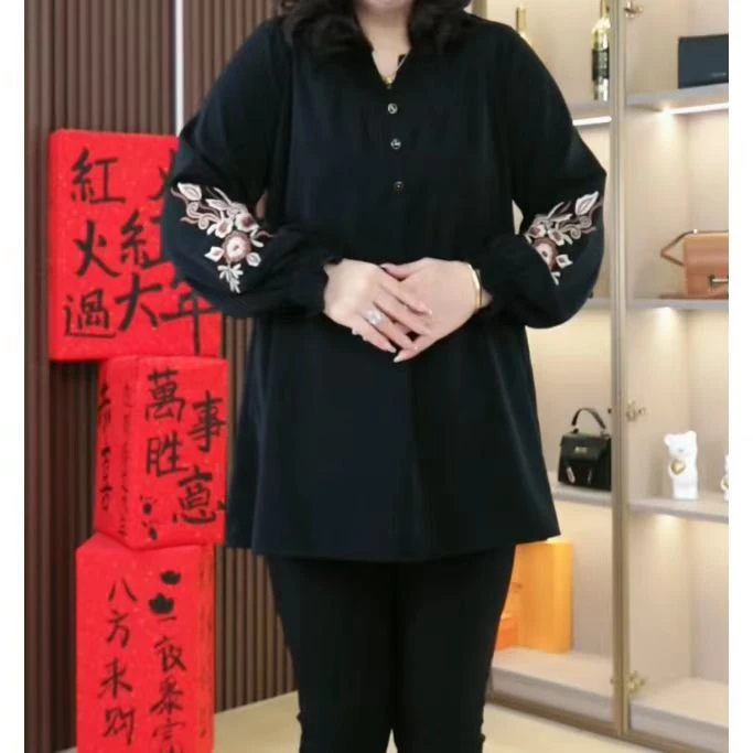 胖珍珍春夏季休闲大码女装时尚气质减龄绣花雪纺衫长袖上衣227873