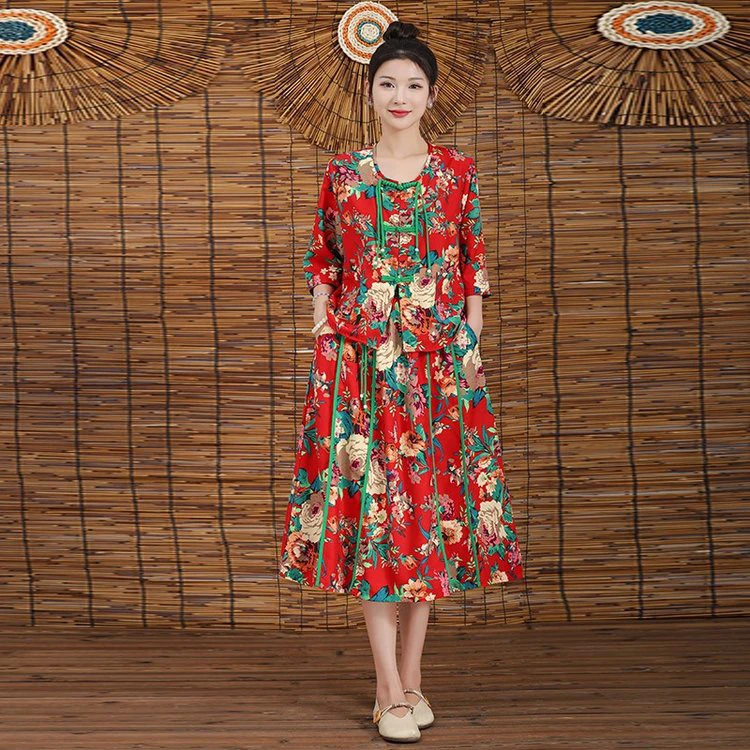 新中式民族风复古印花宽松圆领中袖短款上衣团体演出服