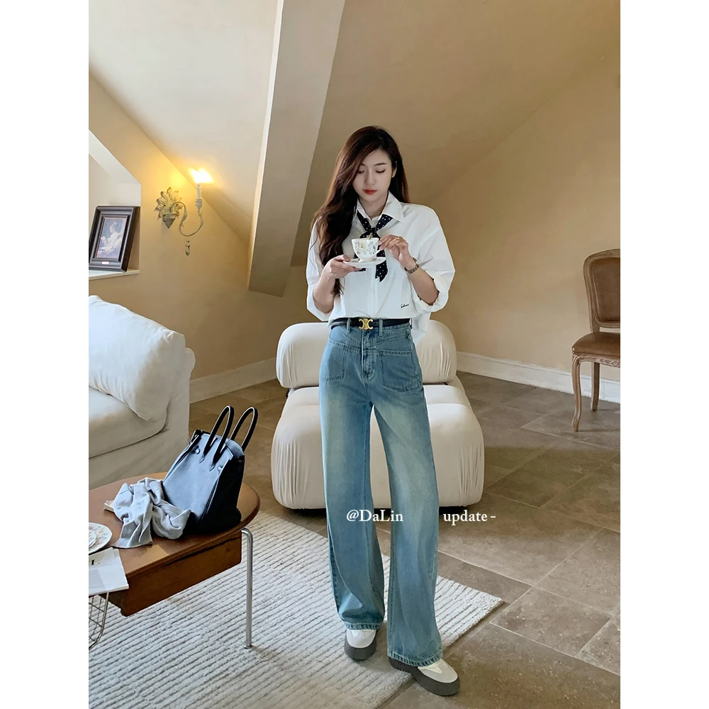 DUOXINIU/多喜牛/DaLin牛仔裤女款窄版阔腿裤通勤高腰垂坠感宽松