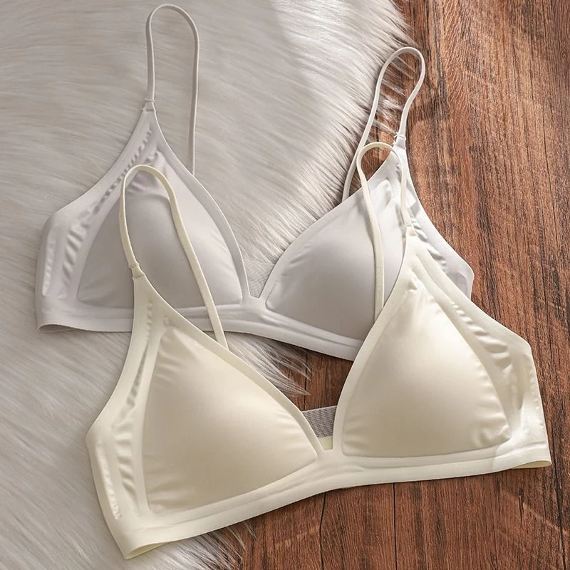 法式轻奢无痕光面内衣三角杯无钢圈文胸夏天薄款粉底液细肩带胸罩