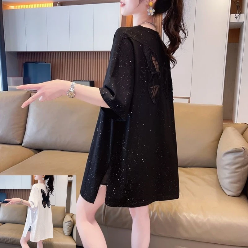 2025年夏季新款纯棉短袖t恤女中长款蝴蝶结设计感独特别致遮屁股