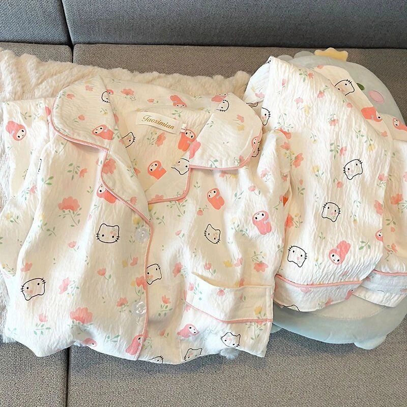 可爱粉兔夏季短袖薄款两件套日系ins卡通翻领云朵棉睡衣女家居服