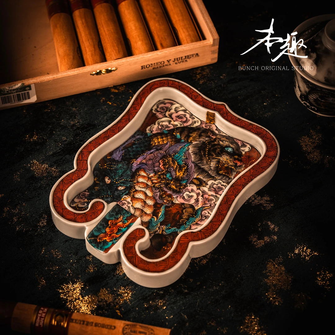 【本趣造物】龙虎豹三灵重彩粉彩景德镇创意陶瓷手绘雪茄专用烟缸