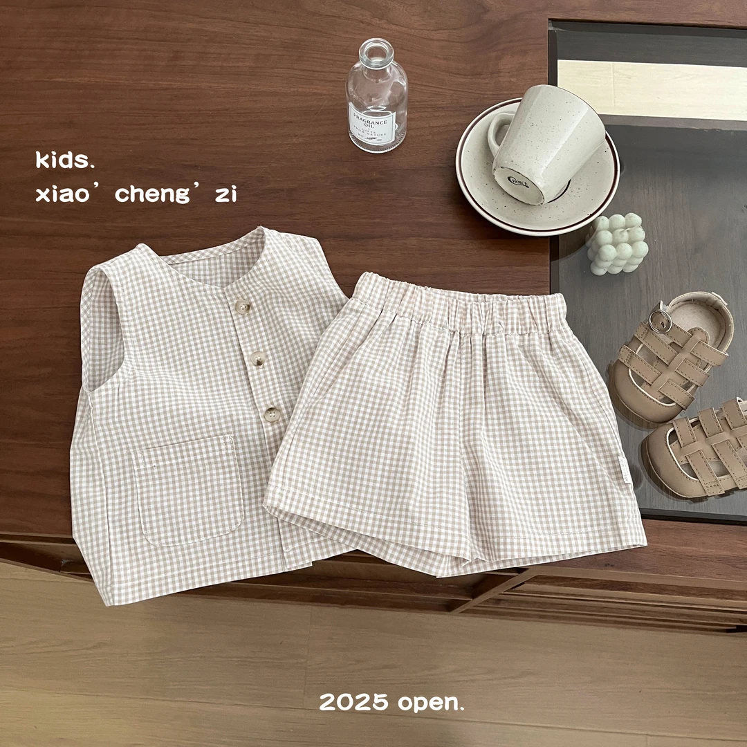 T25X22背心短裤夏季套装男宝女宝新款韩系开扣无袖格子儿童薄款