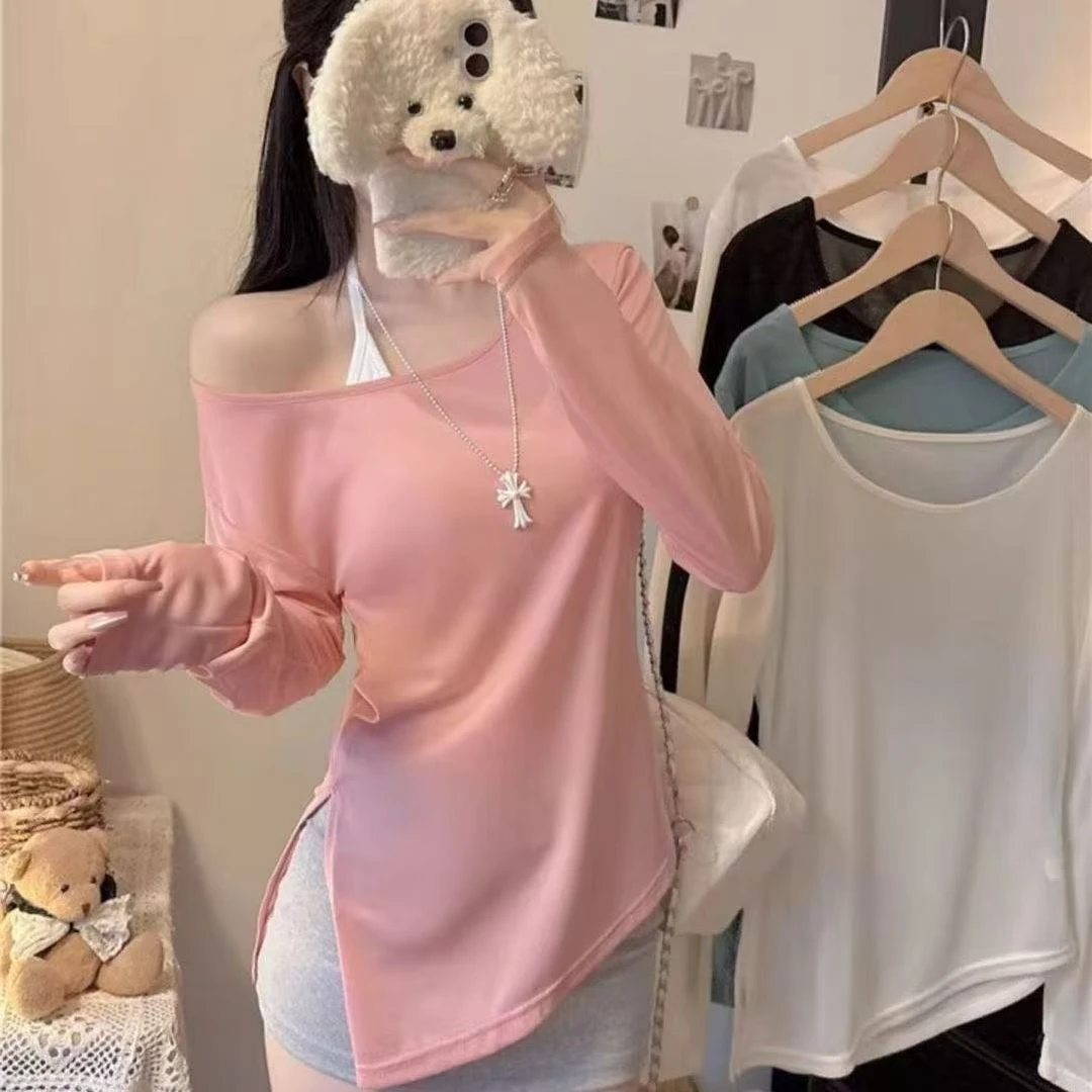 女士不规则轻薄防晒下摆开叉长袖t恤女夏薄款微透防晒罩衫上衣
