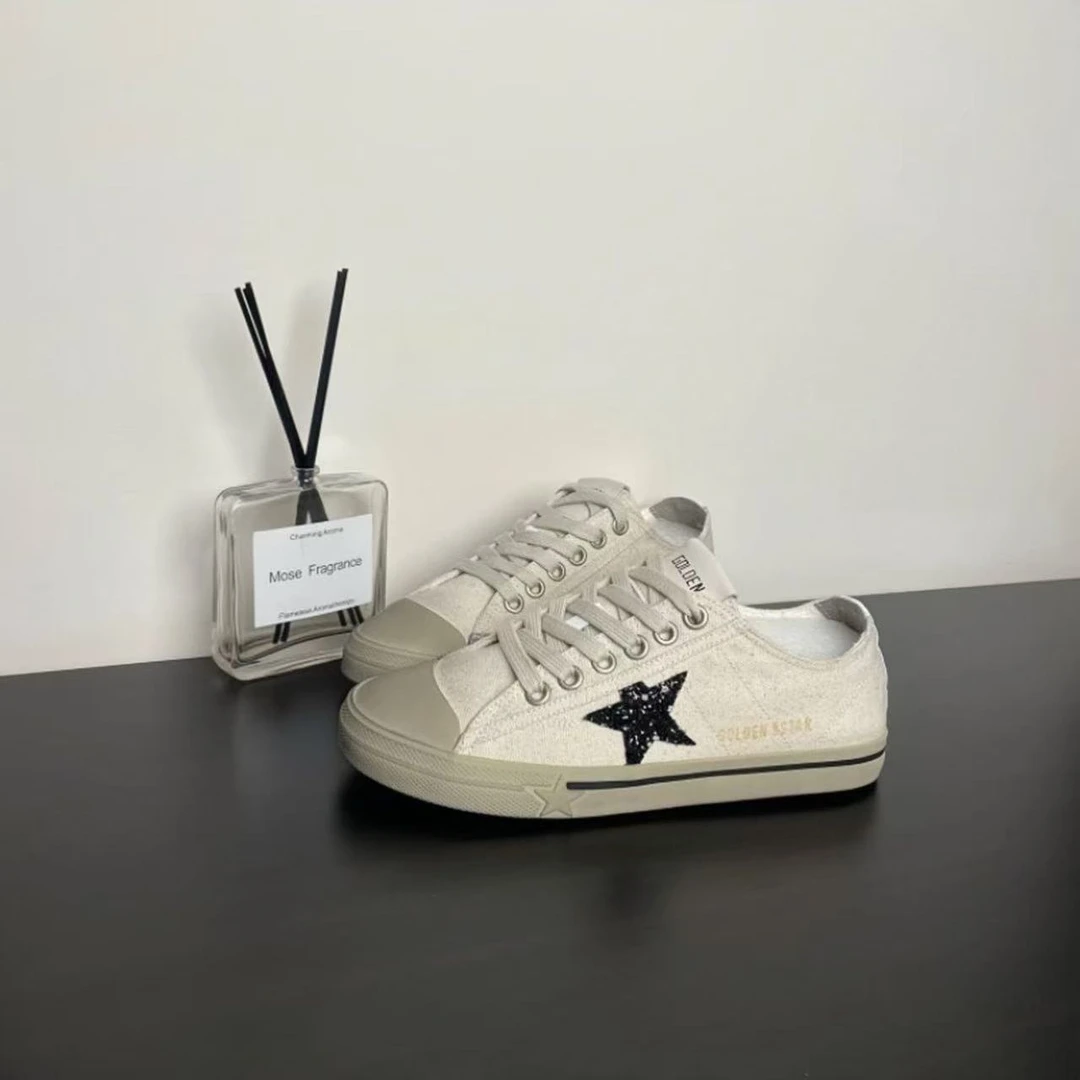 2025韩版潮流小众黑星小脏鞋休闲时尚平底帆布夏季做旧做脏女鞋子