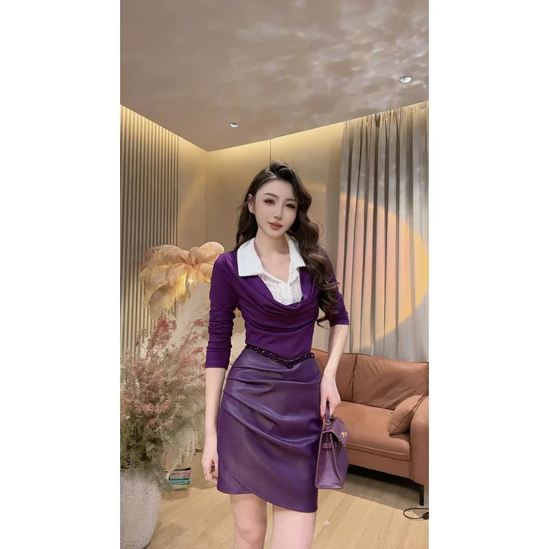 【美美专享】550632秋季新款韩版polo领拼接蕾丝假两件T恤上衣女