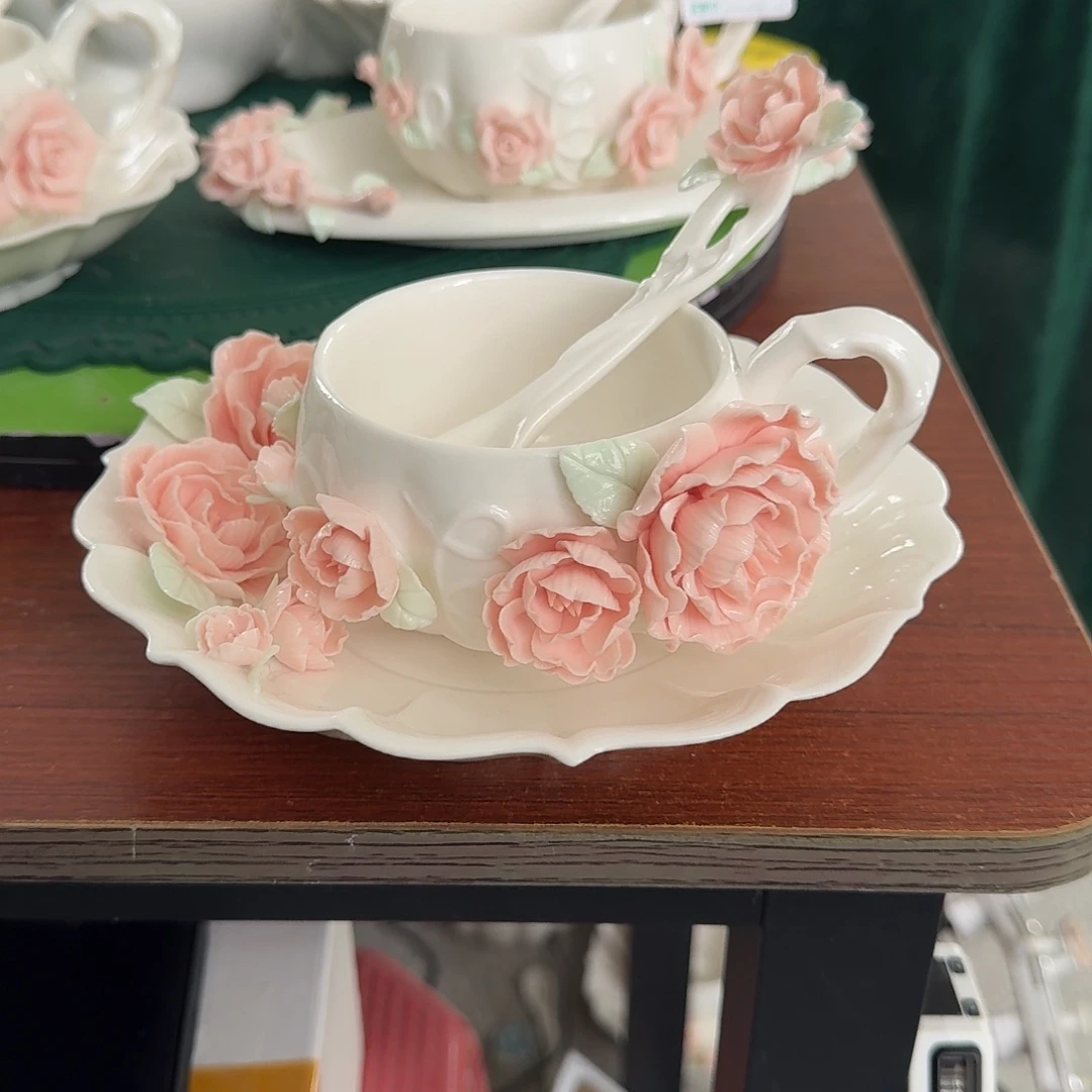 手工捏花牡丹花咖啡杯碟一套加勺子