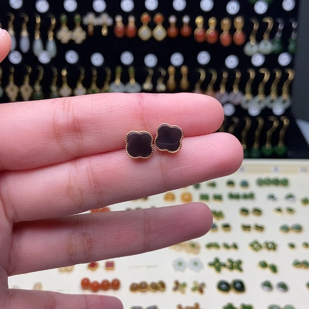 和田玉银S925镀金镶嵌耳饰