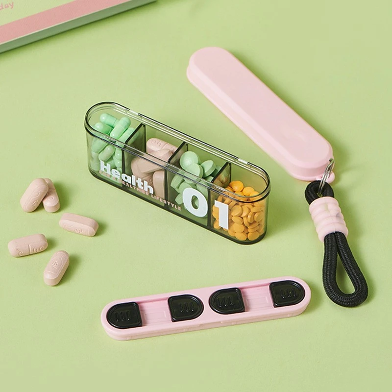 荞芬四格长条药盒药品分装收纳盒便携式随身小一日三餐超迷你药瓶