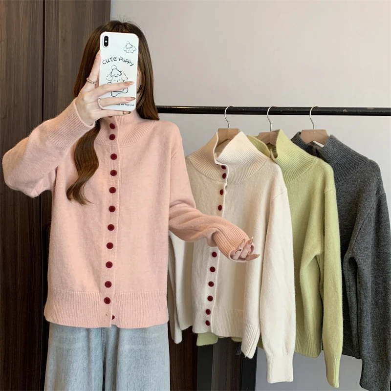 017大码女装2024秋冬新款时尚显瘦单排扣半高领加厚长袖