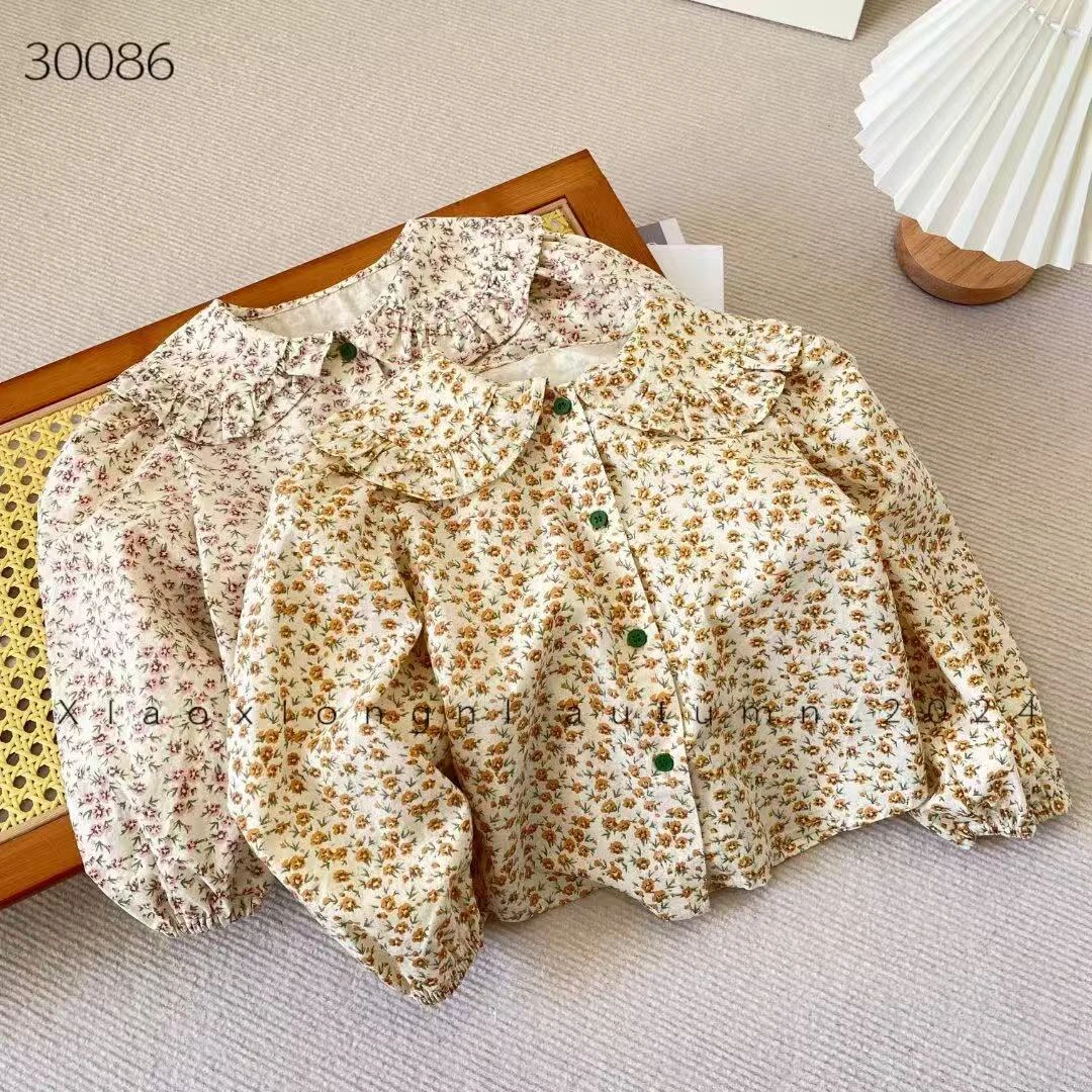 小熊妮女童春秋碎花衬衫娃娃领内搭上衣 30086 黄花