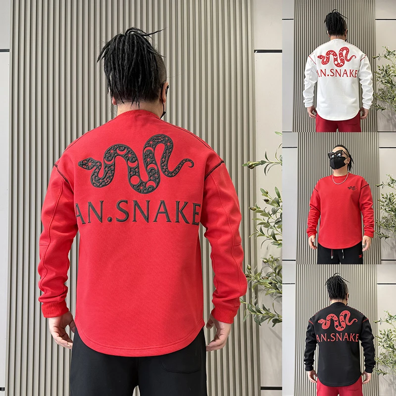 蛇年红色上衣2025春秋新款韩版潮流圆领宽松印花情侣长袖T恤男潮