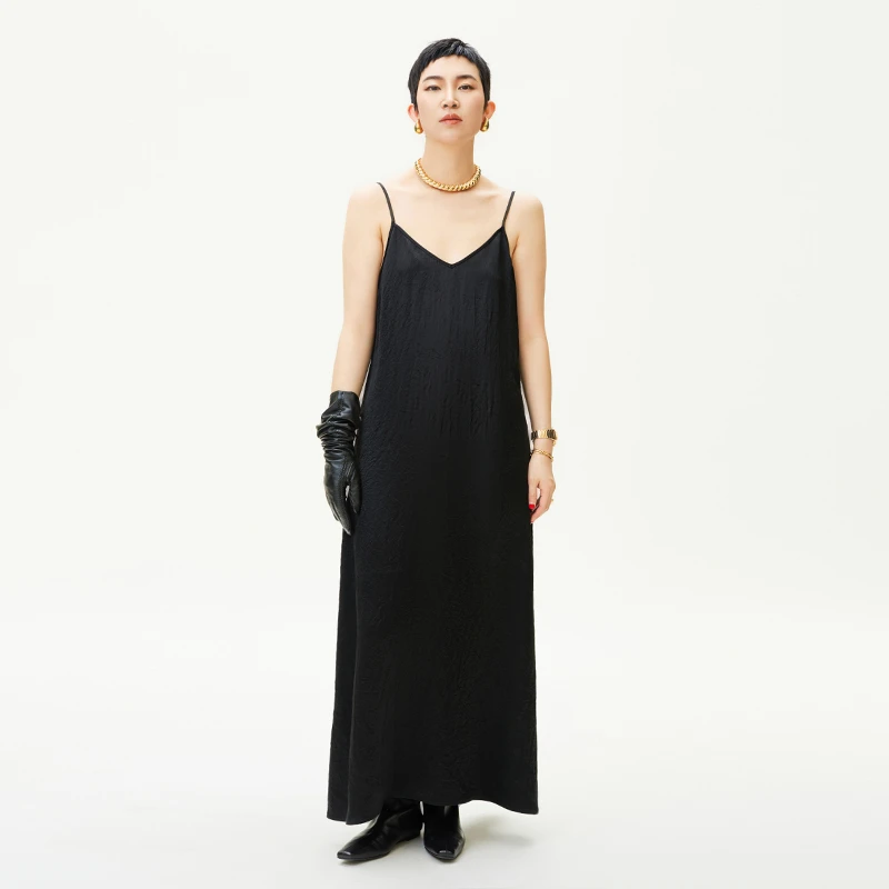 GOLDENBARRY|303061肌理醋酸V领吊带连衣裙