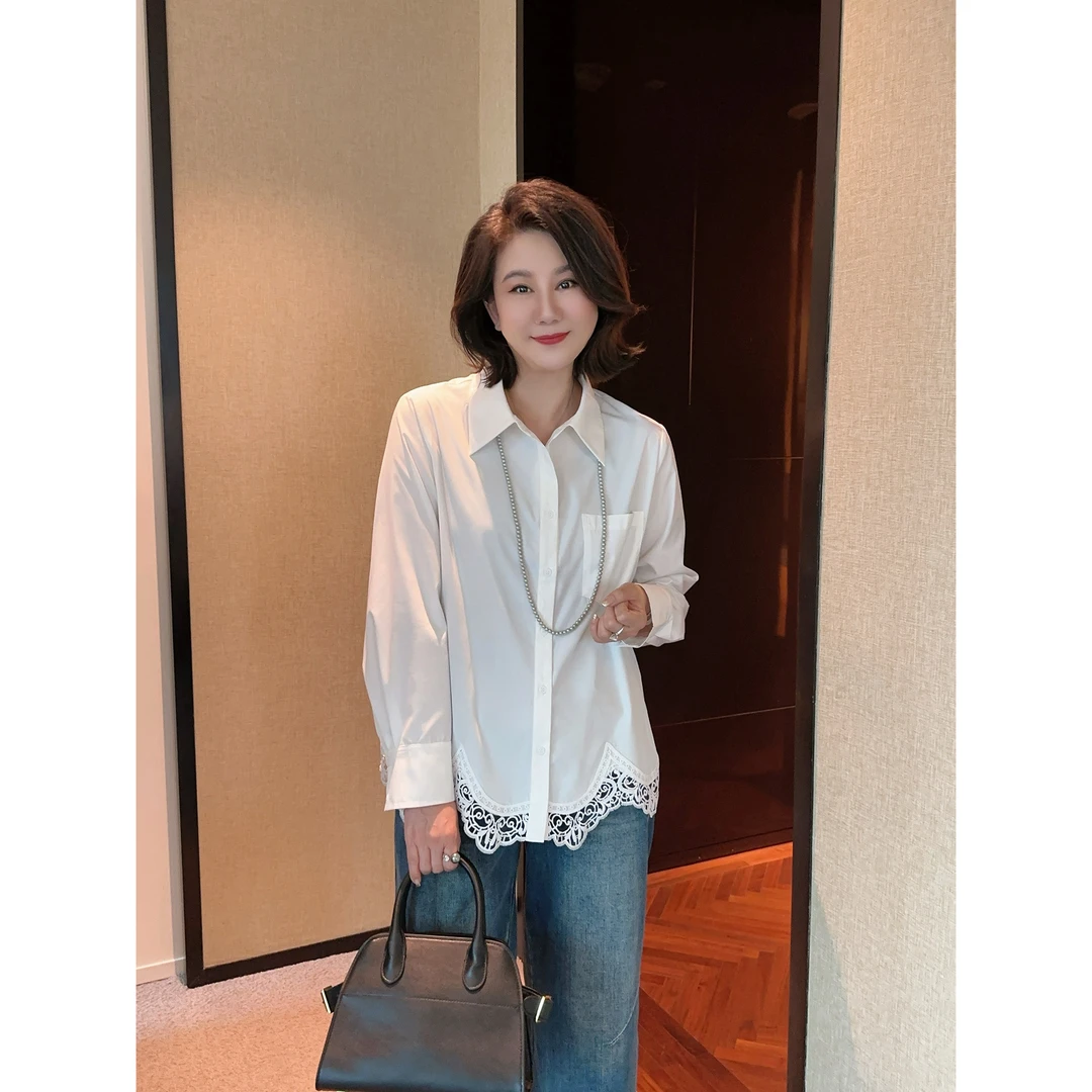 微胖女装【拾光】春季新款蕾丝花边下摆抗皱衬衫显瘦百搭上衣20615