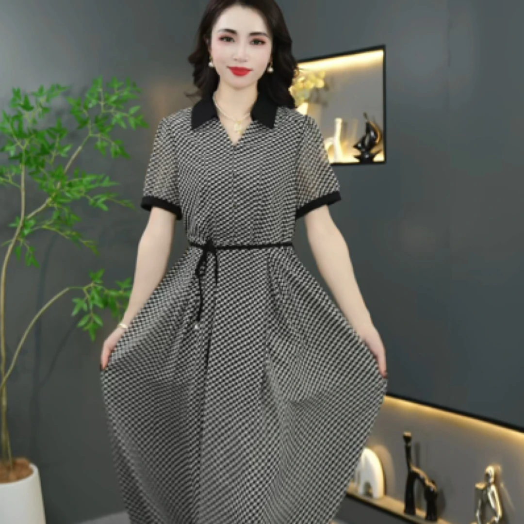 L21108连衣裙气质夏季复古中长款收腰修身