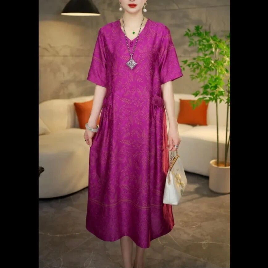 【金枝玉叶】夏季新款短袖优雅连衣裙中长款女装V领宽松遮肉裙子