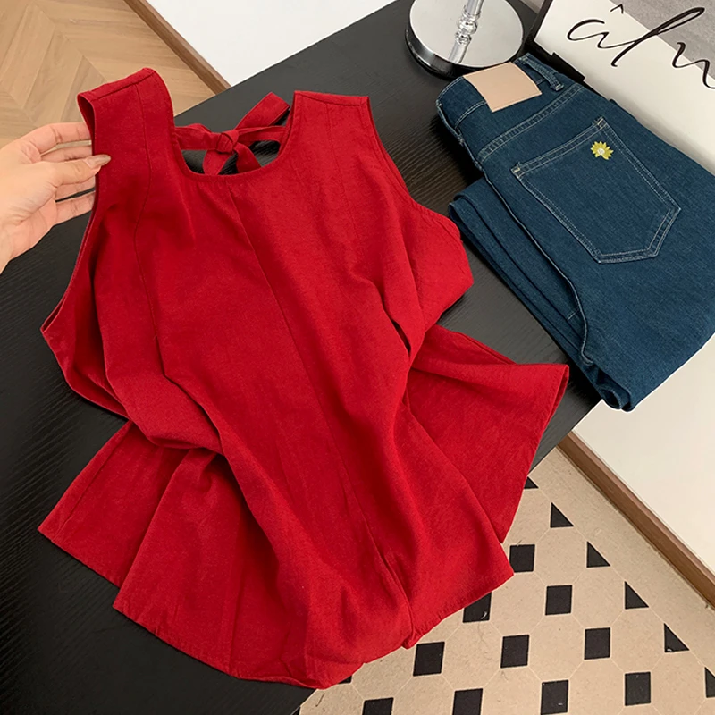 复古超好看显白红色背心女装2025夏季新款外穿绝美无袖小衫上衣
