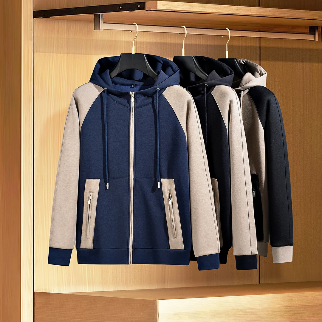 费韦戈摩秋季时尚潮流个性撞色拼接上衣男士修身连帽开衫卫衣外套