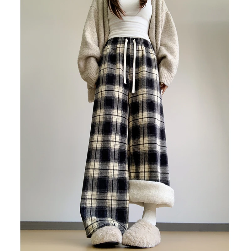 格子阔腿裤子女秋冬季2025新款加绒加厚毛呢直筒慵懒风复古格子裤
