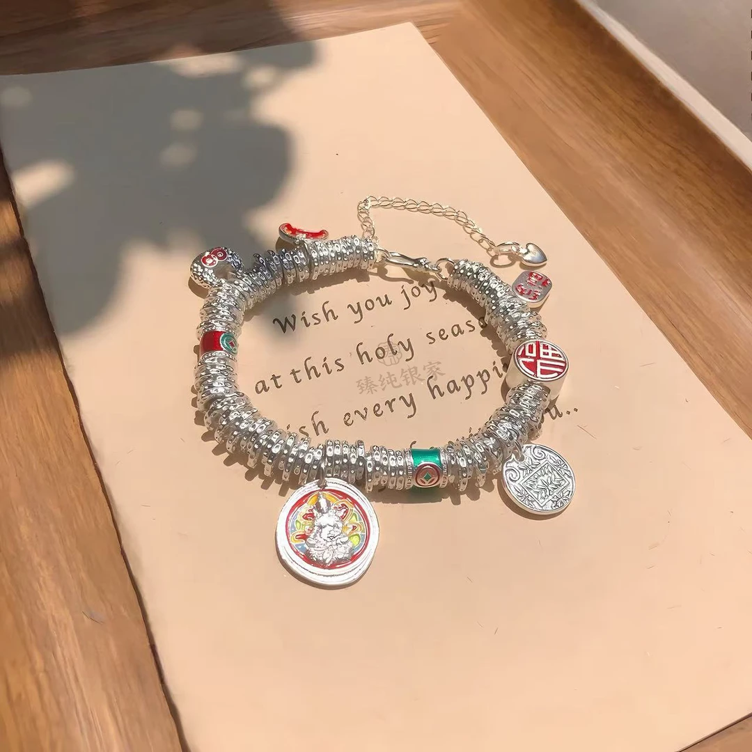 足银手链 足银999.9【五路财神盘缠】珐琅彩实心纯银手链七夕礼物