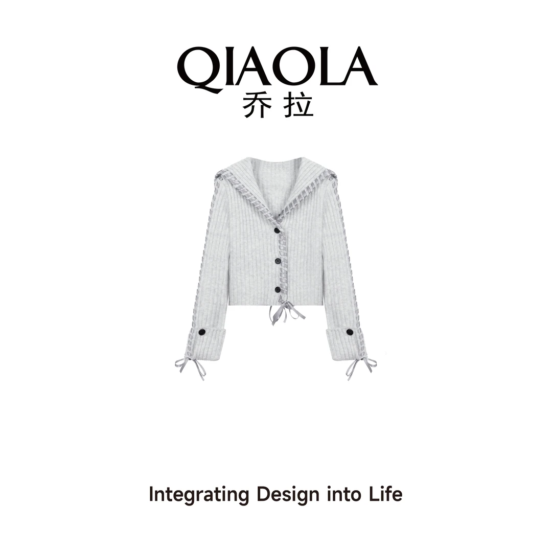 QIAOLA/乔拉【清泉流音】秋冬百花绒翻领抽绳边设计师百搭毛衣预售
