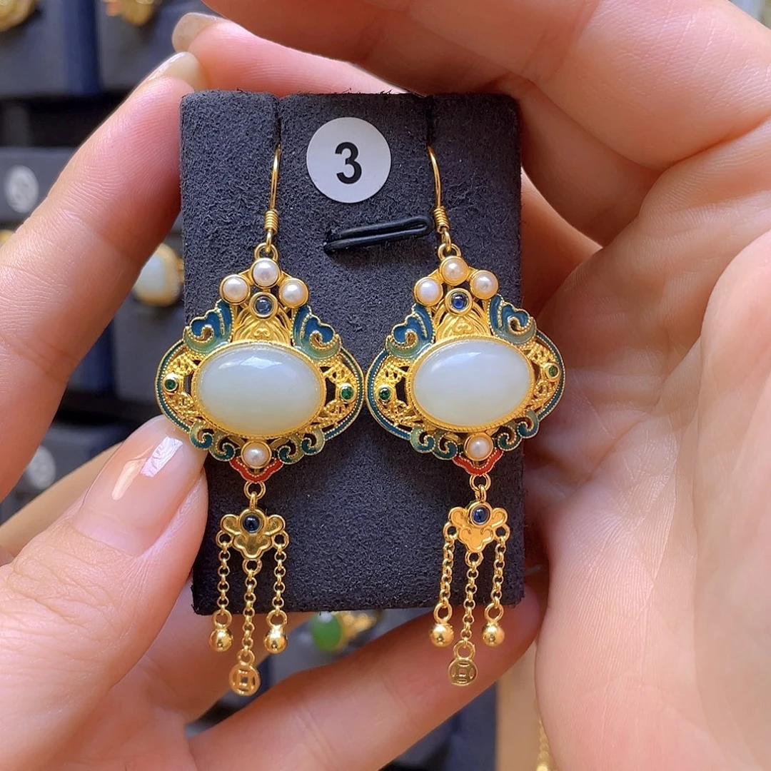 和田玉银S925镀金镶嵌耳饰